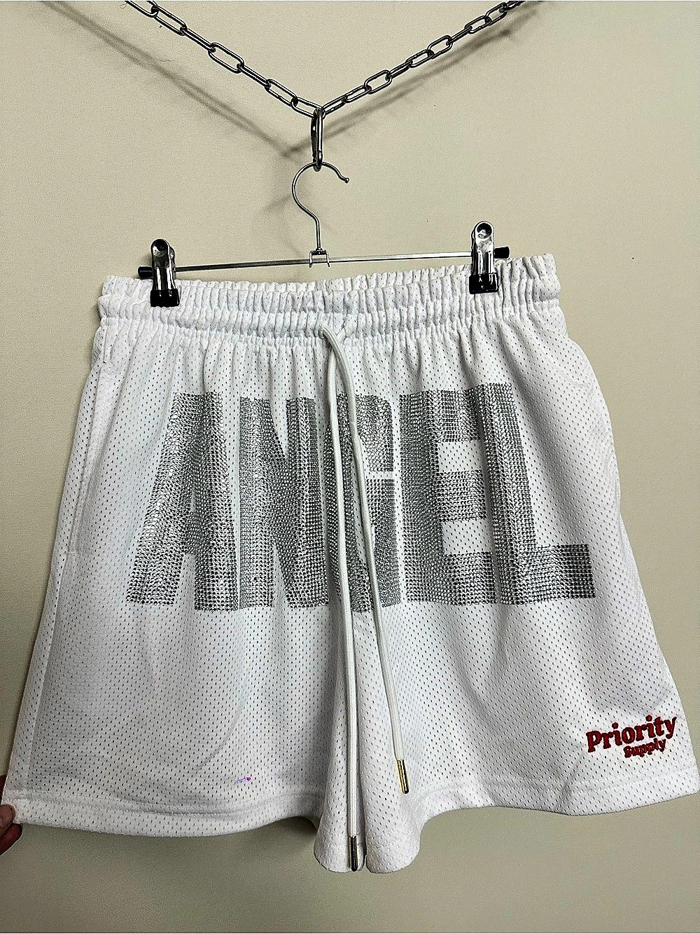 Priority Supply Rhinestone Athletic “ANGEL” Shorts in White